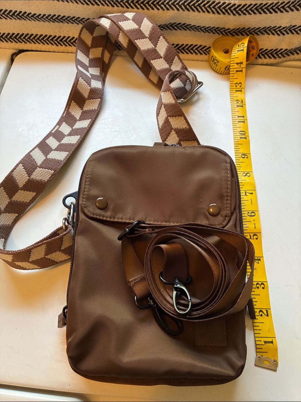Ihkwip Brown Crossbody Bag with Patterned Strap